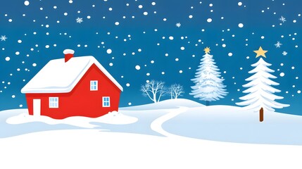 Fototapeta premium Flat vector illustration of a winter landscape with snow-covered pine trees and a house, simple shapes
