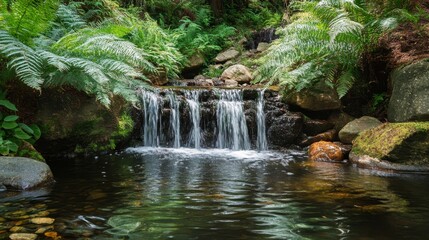 A serene waterfall cascading into a tranquil pool surrounded by lush greenery.