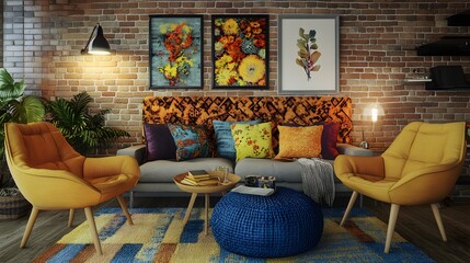 A vibrant living room featuring colorful furniture and art, designed for relaxation and comfort.