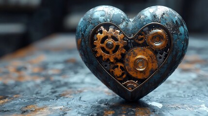 Steampunk inspired Metallic Heart with Gears and Cogs Turning Representing Love as a Well Oiled Machine