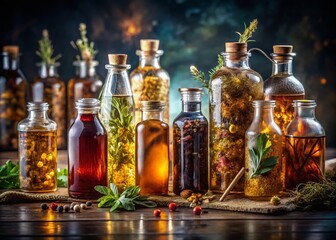 Long Exposure Photography: Medicinal Herb Tinctures in Bottles - Selective Focus