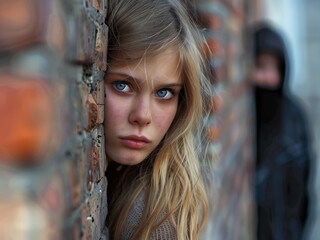 Generated image of a scared blonde girl hiding behind a brick wall, a criminal attacker sneaking from distance