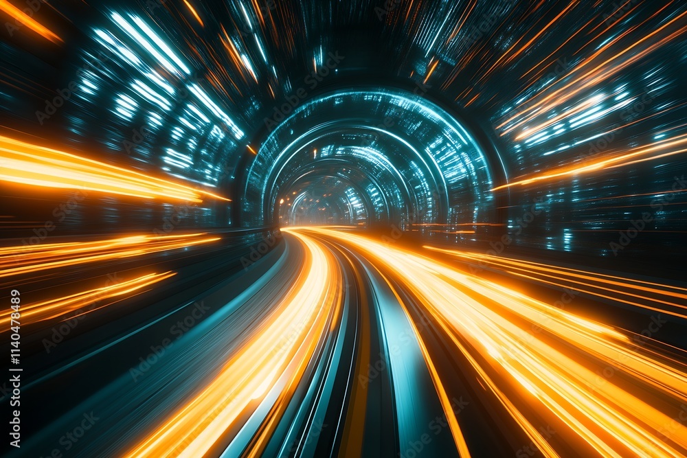 Aufkleber Sci-fi illuminated tunnel with high-speed light streams and motion blur : Generative AI