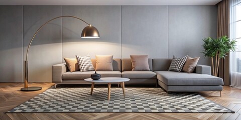 Stylish lounge area with sectional sofa, geometric rug, and sleek floor lamp