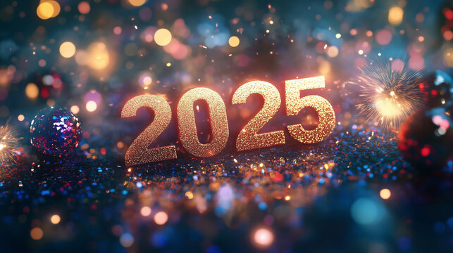 Happy new year 2025 on fireworks and beautiful Boked background
