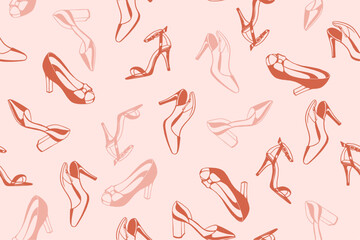 Seamless pattern of red and pink shoes with high heels