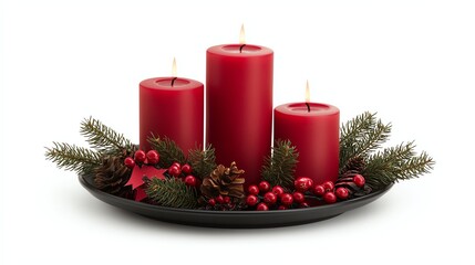 Three red candles arranged elegantly on a black plate, surrounded by pine branches and red berries, creating a festive centerpiece.
