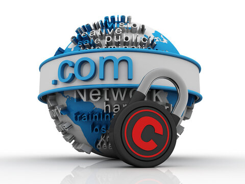 3d illustration globe with word dot com protection copyright lock