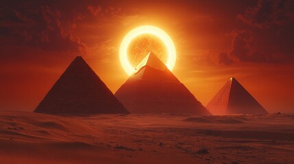 Three pyramids at sunset with a fiery ringed sun.