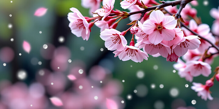 Cherry Blossom Rain - Soft cherry blossoms raining down in a peaceful spring scene. backdrop background digital art crisp oilpinting minimalist sharp details funny background copyspace