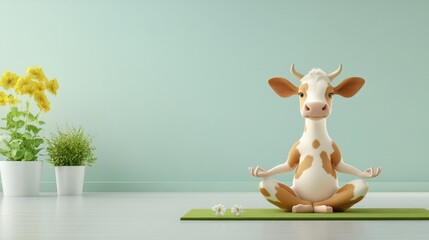 Yoga instructor cow demonstrating poses, calm studio setting, 3D illustration
