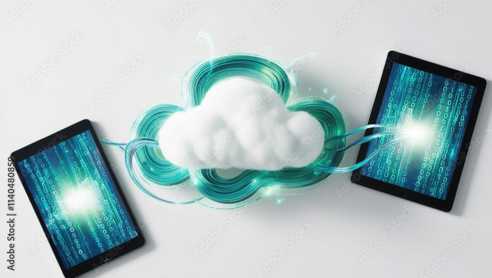 Poster flat lay of tablet and smartphone displaying binary code streams flowing into glowing cloud, symboli