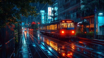 Obraz premium A tranquil scene of a train station at night during heavy rain.