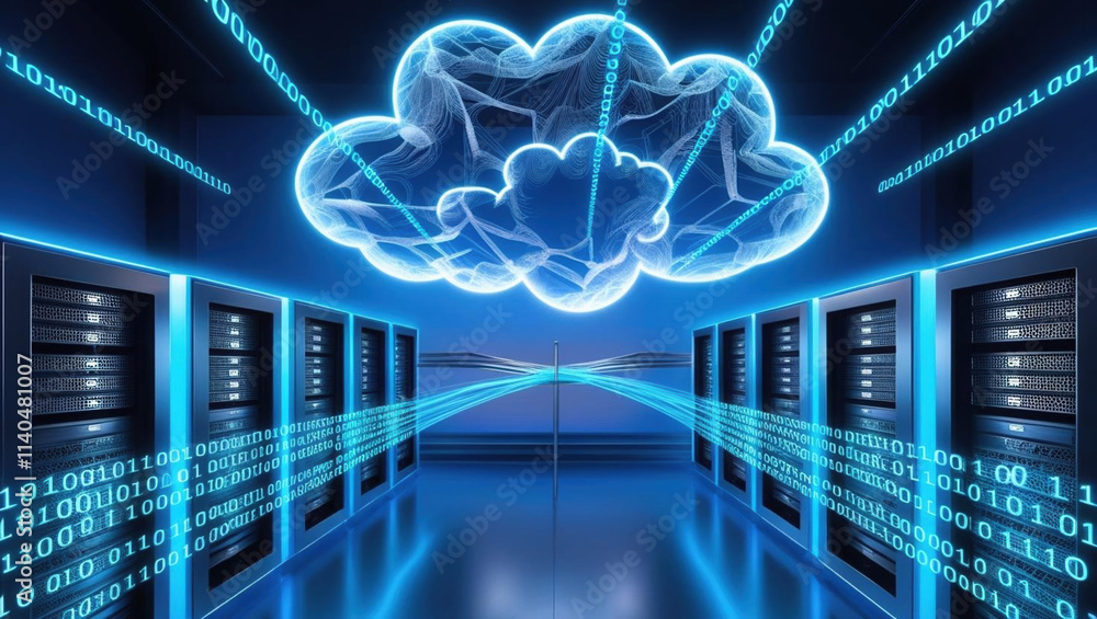 Poster futuristic server room with glowing blue lights and binary code streams connecting to large holograp