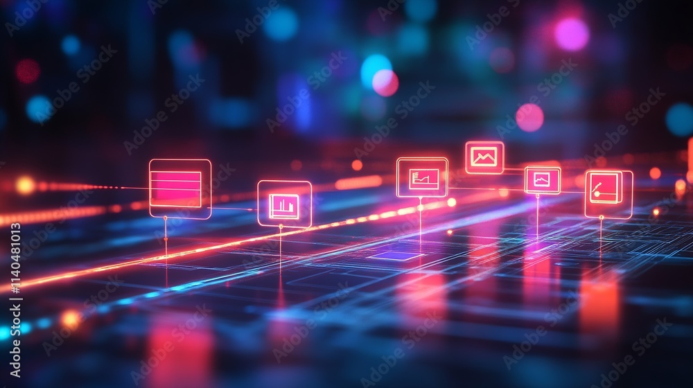 Poster Modern Linear Data Visualization in Technological 3D Space with Digital Bar and Line Graph Representations : Generative AI
