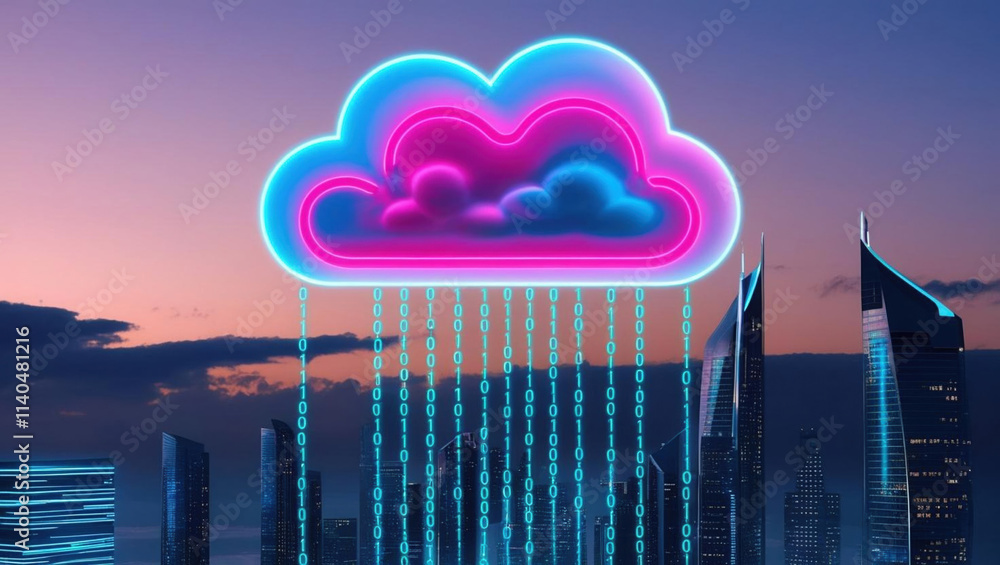 Poster glowing neon cloud hovers above futuristic city, with binary code streams cascading like digital rai