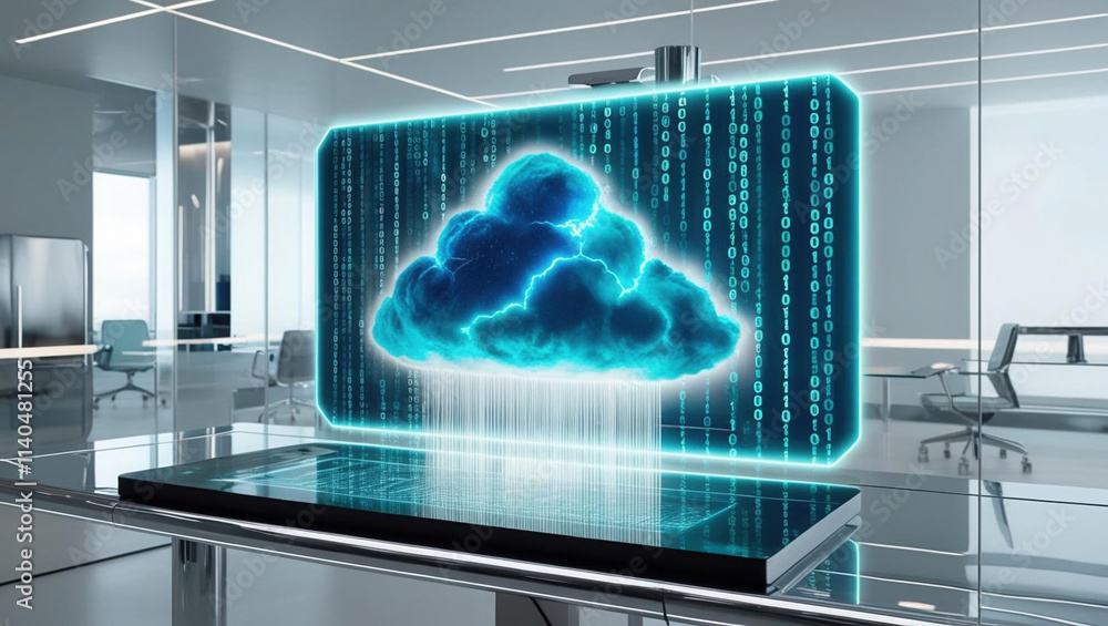 Poster holographic control panel showcases glowing cloud with cascading binary code, symbolizing advanced t