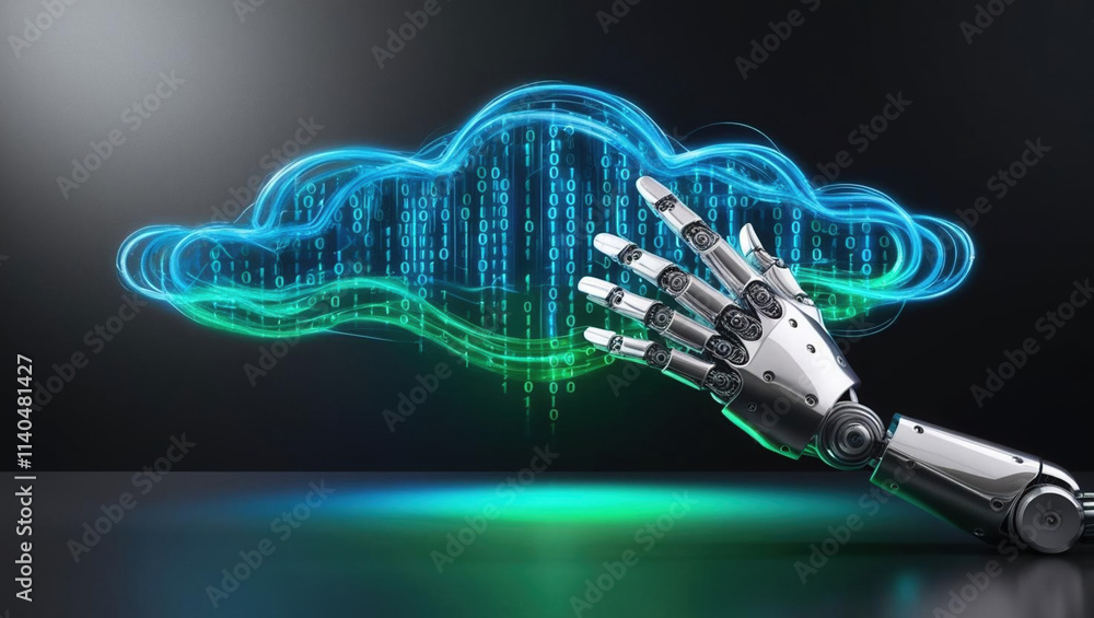 Poster robotic hand reaching toward glowing cloud of binary code in dark cybernetic environment, symbolizin