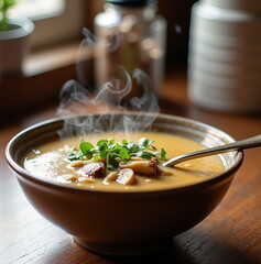 Steaming hot soup with herbs and mushrooms in brown bowl