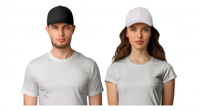[Clothing model couple promotional photos] Matching Fashion Duo Editorial Model Couple in T-Shirts & Hats, With Retro Black & White Image Mix - Powered by Adobe