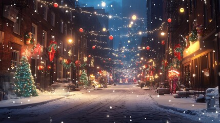Fototapeta premium Snow-covered city street with festive Christmas lights and decorations 