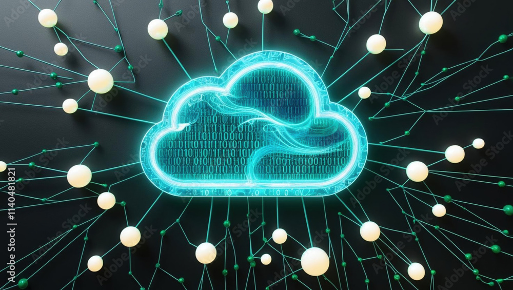 Poster cloud shaped hologram glowing with swirling binary code, surrounded by interconnected nodes in dark 