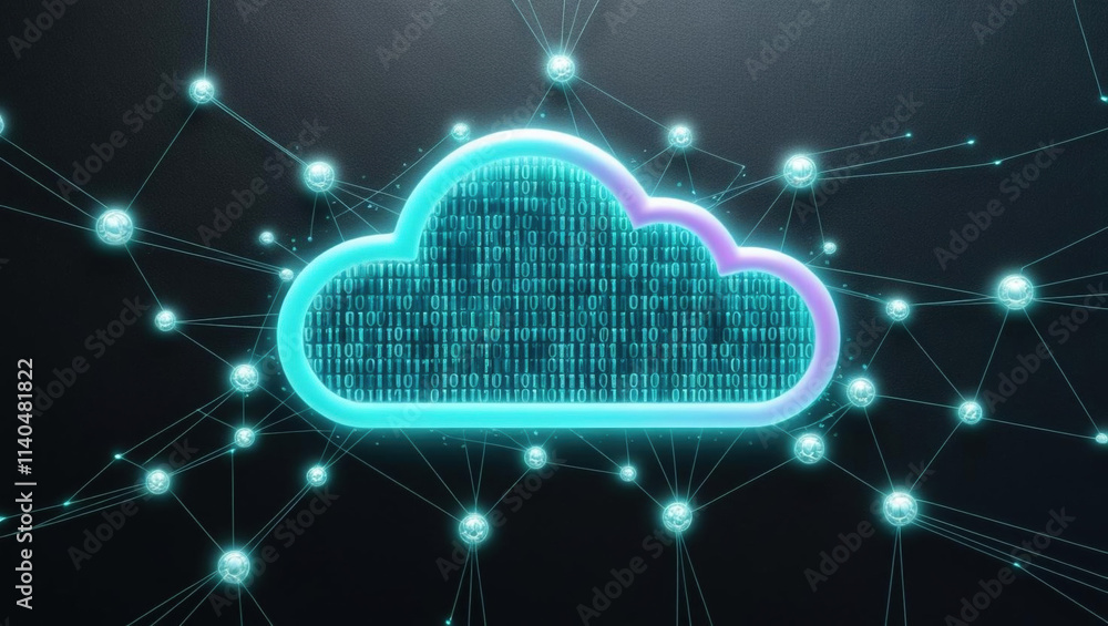 Poster cloud shaped hologram glowing with binary code, surrounded by interconnected nodes in dark space, sy