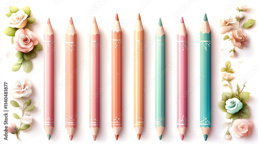 Poster a set of vibrant multicolored pencils neatly arranged on a clean white background with their pointed