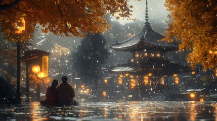 A serene moment between a young couple amidst autumn rain by a tranquil temple.