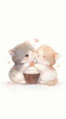 Two adorable kittens share a cupcake, surrounded by hearts, capturing a sweet and playful moment.