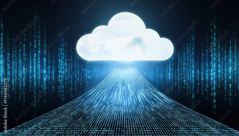 Poster digital bridge of flowing binary code leads to glowing cloud, symbolizing connection between technol