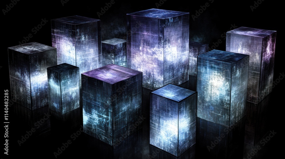 Poster illuminated geometric blocks with abstract textures on dark background.