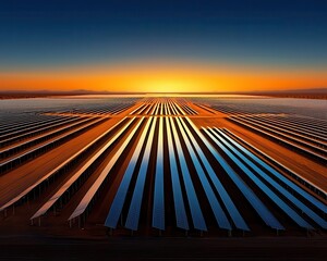 Fototapeta premium Solar farm with reflective panels under transmission lines, maximizing sunlight, efficient energy collection and transmission