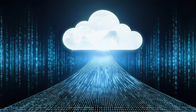 digital bridge of flowing binary code leads to glowing cloud, symbolizing connection between technology and future. This evokes sense of innovation and possibility