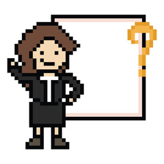 Obraz premium Cute pixel cartoon character business woman with question mark decoration 8 bit female girl lady confused idea question mark businesswoman choose cartoon pixel game 8 bit png vector.