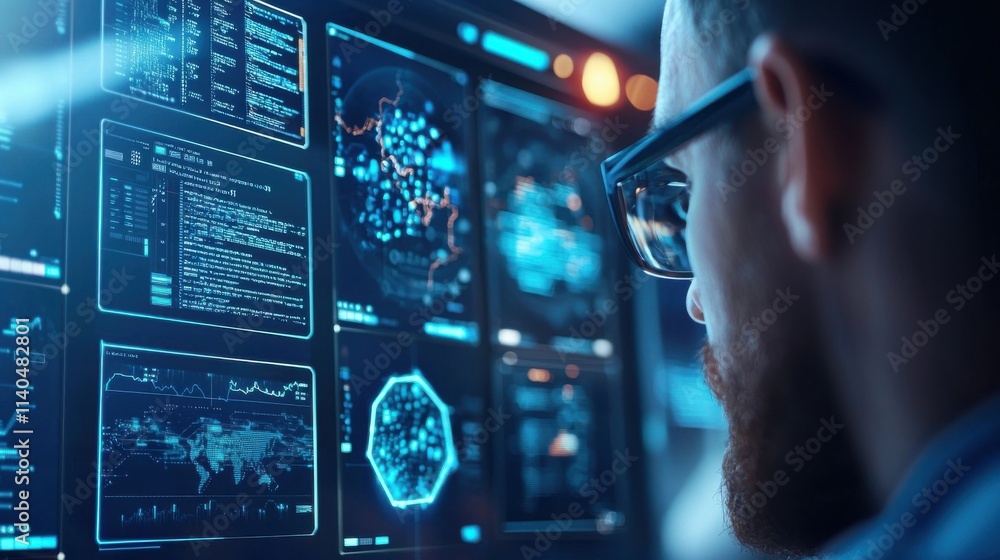 Poster a futuristic data analyst engaging with interactive digital interfaces and data visualization techno