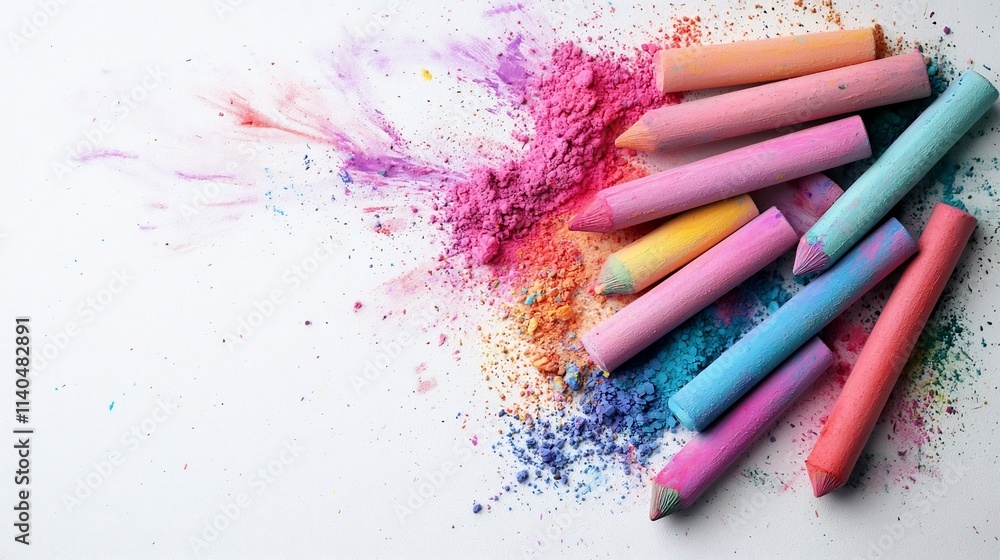 Poster a collection of soft pastel chalk sticks scattered on a white background with faint colorful marks a