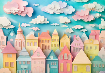 Obraz premium A colorful cityscape with many buildings and a cloudy sky. The buildings are all different colors, and the sky is filled with clouds. Papercut style. 