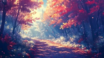 Fototapeta premium Serene autumn pathway with vibrant red and orange foliage.