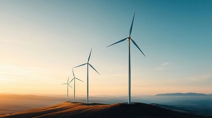 Obraz premium Wind turbines on a coastal cliff with power lines extending inland, harnessing wind energy, renewable transmission