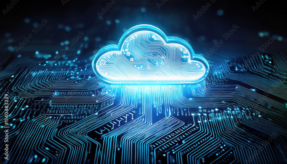 Poster glowing cloud icon on circuit board, illuminated by streams of binary code, symbolizes digital conne