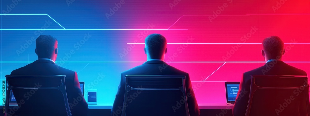 Poster professionals analyzing data with laptops in a high-tech environment featuring blue and red lighting