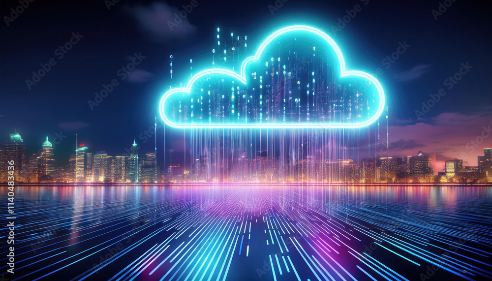 Poster glowing cloud icon made of binary code streams floats above futuristic city skyline, creating vibran