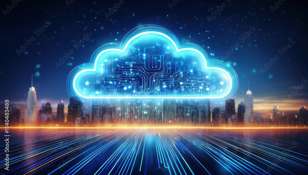 Poster glowing cloud icon made of swirling binary code streams floats above futuristic city skyline, symbol