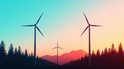Obraz premium Transmission lines running through a forest with wind turbines in the background, ecofriendly energy pathway, renewable integration