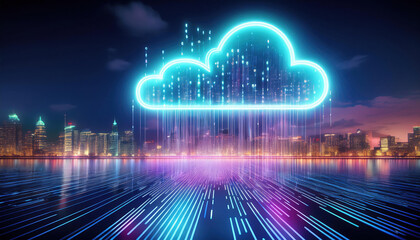 Fototapeta premium glowing cloud icon made of binary code streams floats above futuristic city skyline, creating vibrant and dynamic atmosphere at night