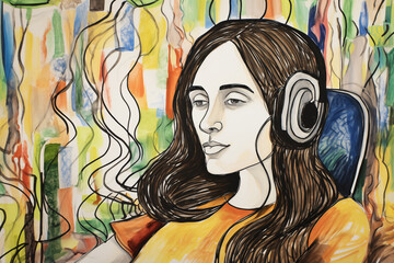 Relaxed woman in headphones creative style illustration.
