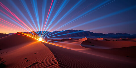 Desert Light Show - Laser patterns lighting up the dunes. backdrop background digital art crisp oilpinting minimalist sharp details funny background copyspace
