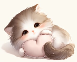 Obraz premium A cute, fluffy kitten cuddles a heart-shaped pillow, radiating warmth and innocence with big, expressive eyes.