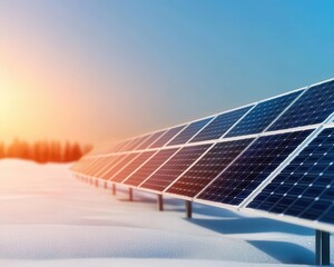 Electric transmission lines running through a snowy landscape with solar panels, yearround renewable energy, sustainable power flow